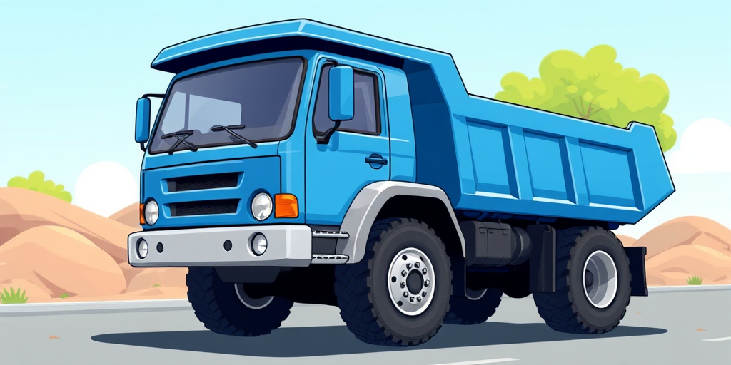 Generate a high-resolution cartoon-style illustration of a blue dump truck, captured using a DSLR camera with a 50mm lens at f/2.8, ISO 100, and in a bright outdoor setting to enhance colors and details.