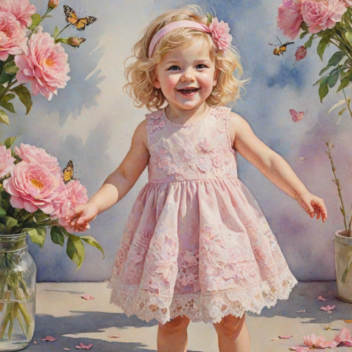 hyperrealism happy smiling toddler girl with messy wavy blonde hair with a headband, she is wearing a pink and white lace dress with pink and white shoes, she is holding a pink bouquet of flowers. Pink flowers and butterflies. summer background. Watercolor Highly detailed