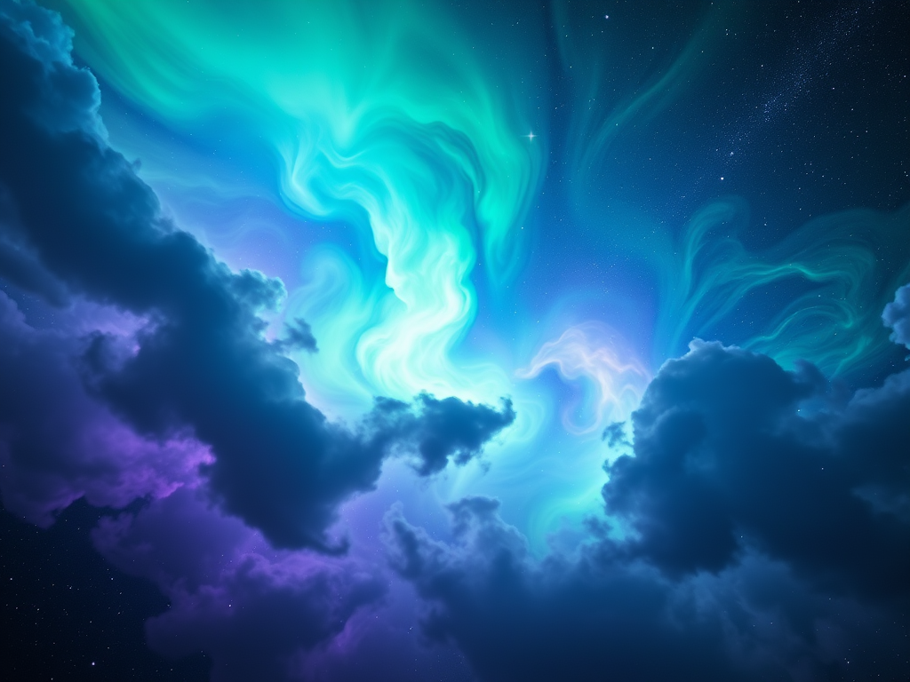 Generate a vibrant cosmic landscape featuring swirling clouds of green, blue, and purple, with sparkling stars scattered throughout; use a wide-angle lens; aperture f/2.8; shutter speed 1/100s; ISO 100; capture with a DSLR camera.