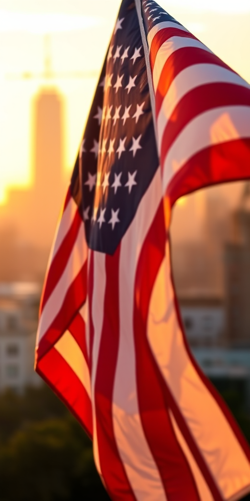 Capture a close-up of a waving American flag in the foreground with a city skyline softly blurred in the background during sunset, using a DSLR camera, f/2.8 aperture, ISO 100, 50mm lens, shot at golden hour for warm lighting and enhanced vibrancy.