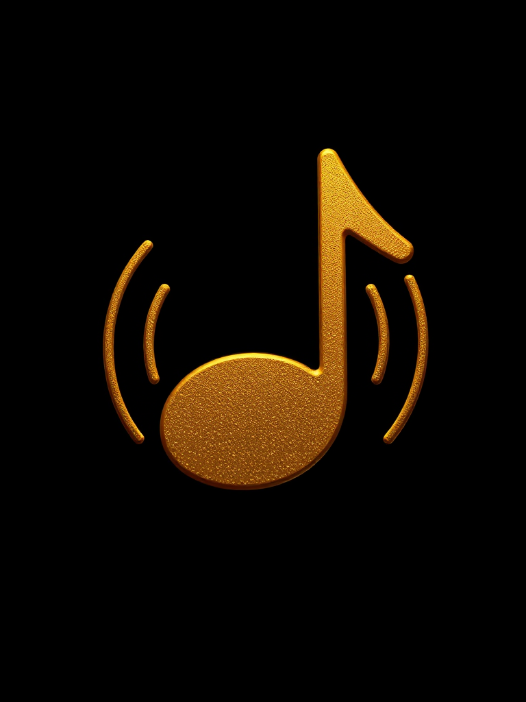 Create a high-resolution image of a golden music note symbol with sound wave patterns around it on a dark background, using a Canon EOS R5, 50mm lens, f/1.8 aperture, ISO 100, soft diffusion lighting to enhance details and richness.