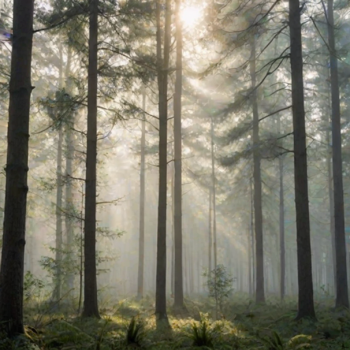 Soft-focus image of a misty forest in the early morning, with tall trees fading into the background, soft beams of light filtering through the branches.