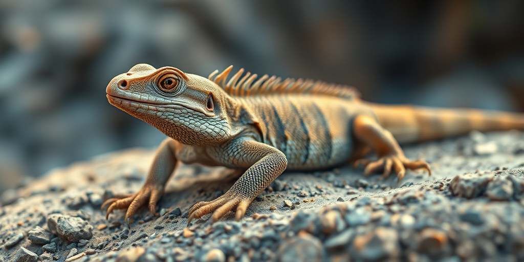 Generate a close-up image of a textured lizard resting on a rocky surface with soft natural lighting.