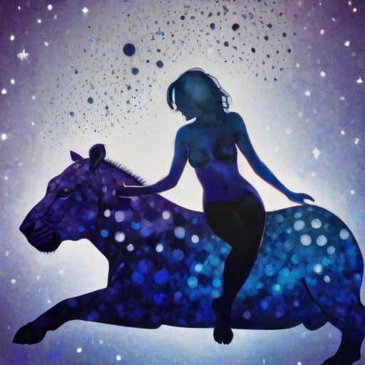 Captivating conceptual render alcohol ink art, double exposure, the paint strokes artfully merge combining a woman's full silhouette with a Lounging hippo's silhouette. The figures are composed of a series of colored dots, lines & spots that evoke the image of a cosmic galaxy, colors are deep shades of blue purple & black with flashes of white & silver representing distant stars. The woman's silhouette is formed within the lion's silhouette from constellations of scattered stars, surreal