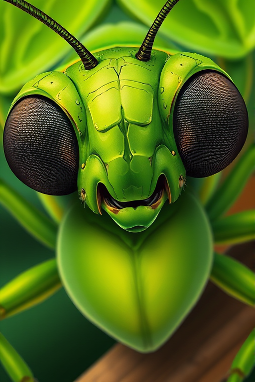 Create a detailed illustration of a vibrant green insect with a heart-shaped body and large expressive eyes, focus on a close-up view with high resolution, use a macro lens with f/2.8 aperture, 1/100 sec shutter speed, and ISO 200, in a digital art style.