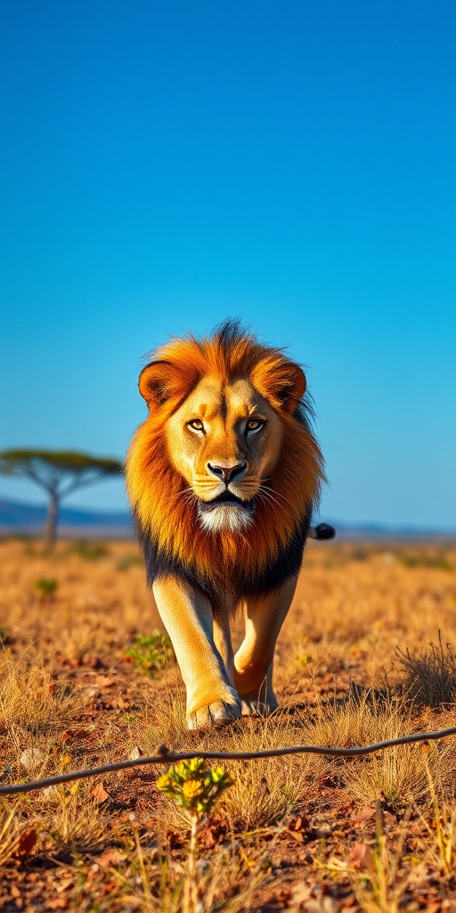 A majestic lion roaming through a vibrant savanna landscape under a clear blue sky, captured with a DSLR camera at f/2.8, ISO 100, 1/200 sec, using a wide-angle lens for an expansive view and vivid colors.