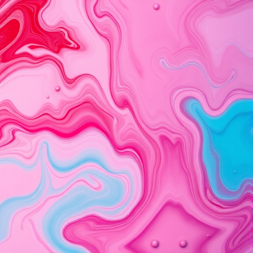 Abstract fluid art with swirling pink, red, and turquoise colors, captured with a Canon EOS R5, aperture f/8, shutter speed 1/125s, ISO 100, 50mm lens, top-down view, high dynamic range style, to enhance colors and contrasts.