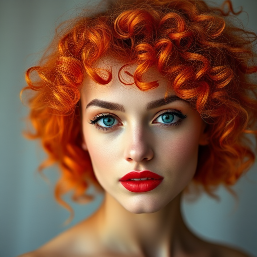 Portrait of a model with vibrant red curly hair and bold makeup, soft focus background, f/1.8 aperture, 85mm lens, ISO 100, natural light, studio setting.