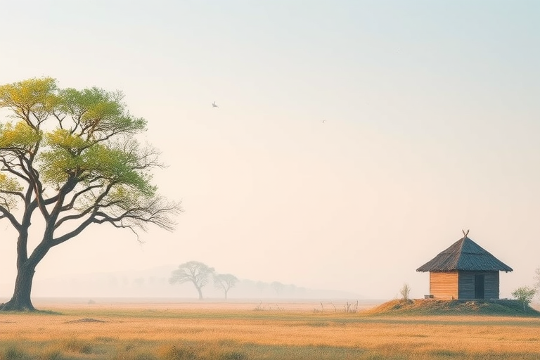 regenerate a serene landscape featuring a large tree on the left with a small hut in the background, soft pastel colors, clear sky with a few birds, camera settings: ISO 100, aperture f/8, shutter speed 1/250s, camera view: wide-angle, camera style: watercolor effect, camera type: digital SLR