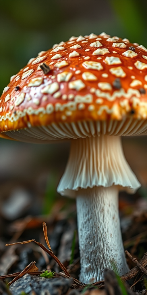 Create a highly detailed illustration of a mushroom with intricate patterns on the cap and stem, using macro photography style with a shallow depth of field, aperture set to f/2.8, ISO 100, and a focus on texture and light play.
