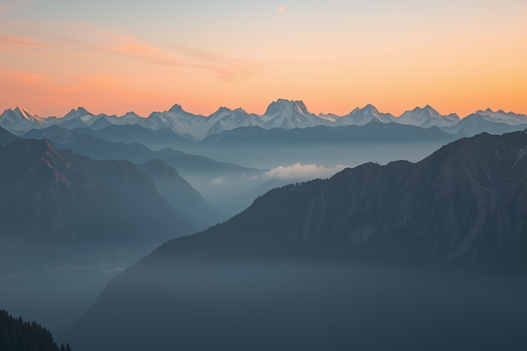 Create a high-resolution image of a serene mountain landscape at sunrise with soft pastel colors, using a Canon EOS R5 camera, 24mm lens, f/8 aperture, ISO 100, 1/125 sec shutter speed, in landscape orientation for enhanced depth and clarity.