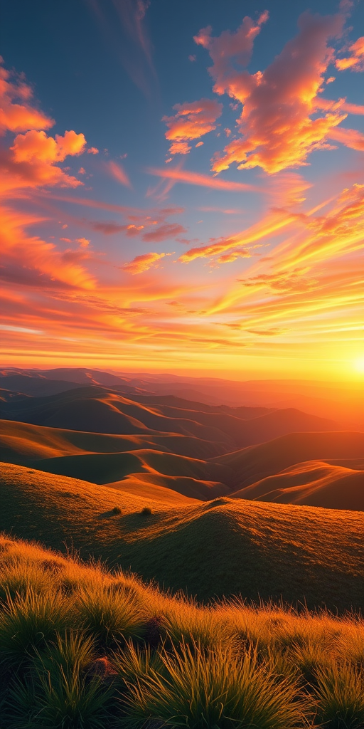 Create a high-resolution digital illustration of a serene landscape featuring rolling hills under a sunset sky, with vibrant colors, using a DSLR camera with a 50mm lens at f/1.8, 1/100s shutter speed, and ISO 200, shot from a low angle perspective to enhance depth and detail.
