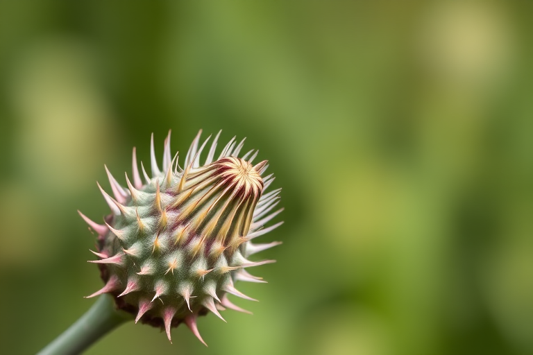macro shot of a thistle plant with sharp spines and blurred green background, aperture f/2.8, ISO 100, shutter speed 1/250s, 50mm lens, natural lighting, DSLR camera