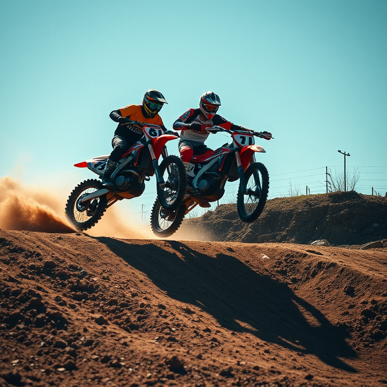 Capture an action shot of three motocross riders jumping over a dirt ramp, with a focus on dust particles being kicked up, using a DSLR camera with a 70-200mm lens, f/4 aperture, 1/1000 shutter speed, ISO 200, in a dynamic low-angle perspective for a dramatic effect.