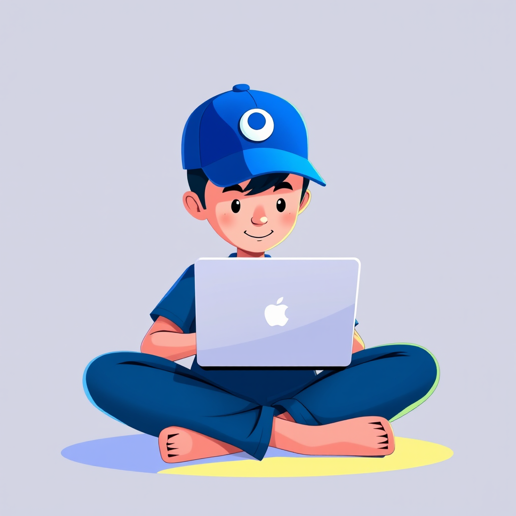 Create an illustration of a person sitting cross-legged with a laptop, wearing a blue cap with a circular emblem, in a modern cartoon style, with soft lighting and vibrant colors, using a Canon EOS R camera with a 50mm lens at f/2.8, ISO 100, and a wide-angle view.