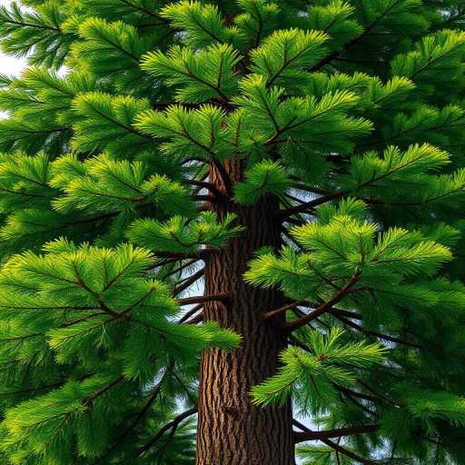 create a highly detailed illustration of a tall evergreen tree with lush green foliage and a textured brown trunk, using a DSLR camera with a 50mm lens, aperture set to f/2.8, ISO 100, and a shallow depth of field for a clear background, emphasizing vibrant colors and realistic shading in a natural setting.