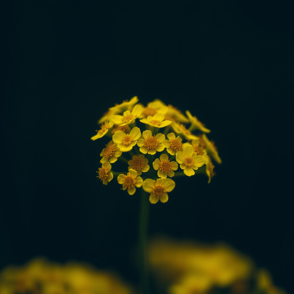 Close-up of a cluster of yellow flowers with a blurred dark background, using a 50mm lens, aperture f/2.8, ISO 100, shutter speed 1/200s, soft focus, natural light, DSLR camera.