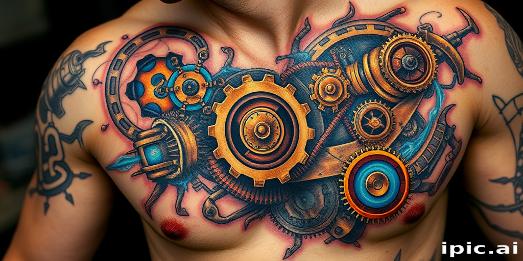 Captivating "Steampunk Biomechanical" tattoo blends organic forms with mechanical elements in a unique and intricate design. Copper and brass tones create a vintage industrial feel, while pops of electric blue represent energy flowing through gears and pistons. Highly detailed shading and highlights bring depth and realism to this fusion of man and machine.