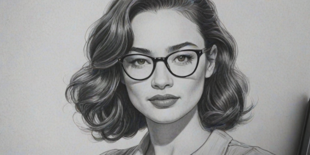 Splendid Crystal Reed, pencil sketch, portrait of Stunning woman 1942s in glasses, hair style beatnik, outline, clear lines, fine lines, 8k