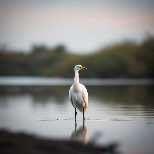 capture a serene image of a white egret standing in calm water at dusk with a shallow depth of field, using a DSLR camera with an aperture of f/2.8, ISO 200, 1/500 shutter speed, and a 70-200mm lens, focusing on the bird with soft bokeh in the background