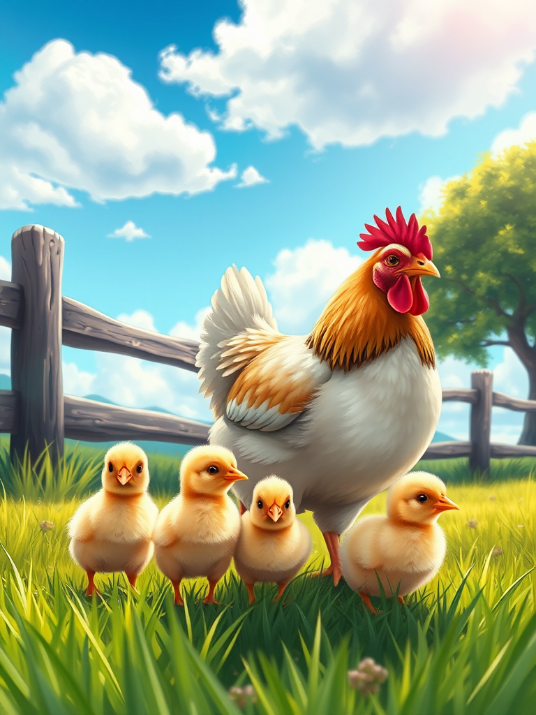 Create a vibrant illustration of a hen with three chicks in a grassy field, a wooden fence in the background, bright blue sky with fluffy clouds, and a tree on the side, using a digital painting style with high saturation and contrast; camera settings: f/4, ISO 100, 1/200s, camera view: close-up, camera style: bright and cheerful, camera type: digital art.