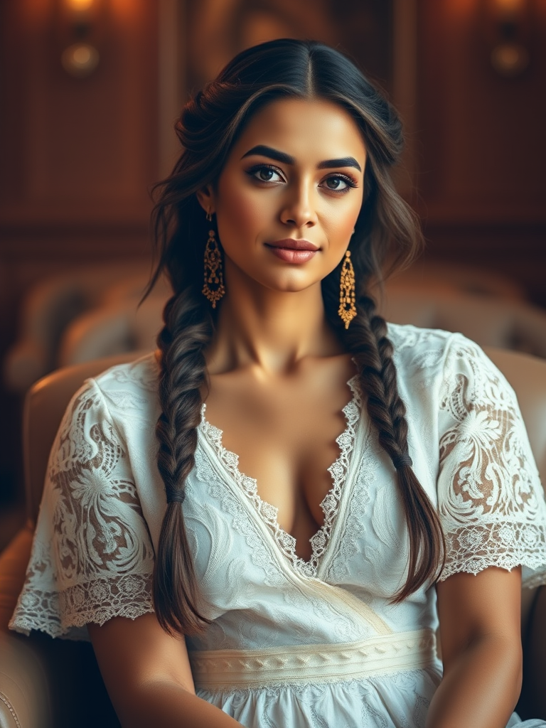 Create a portrait of a refined and elegant Coptic woman seated in a sophisticated setting. She has long, wavy hair styled in two thick braids that are pulled over her shoulders. She wears a white, lace gown with intricate patterns, featuring a deep V-neckline and short sleeves. The dress exudes a vintage charm with its delicate lacework. She is adorned with ornate, dangling earrings that add a touch of glamour to her appearance. The background is softly lit, with warm, ambient lighting that creates a cozy and inviting atmosphere. Her expression is poised and serene, capturing a sense of grace and elegance.