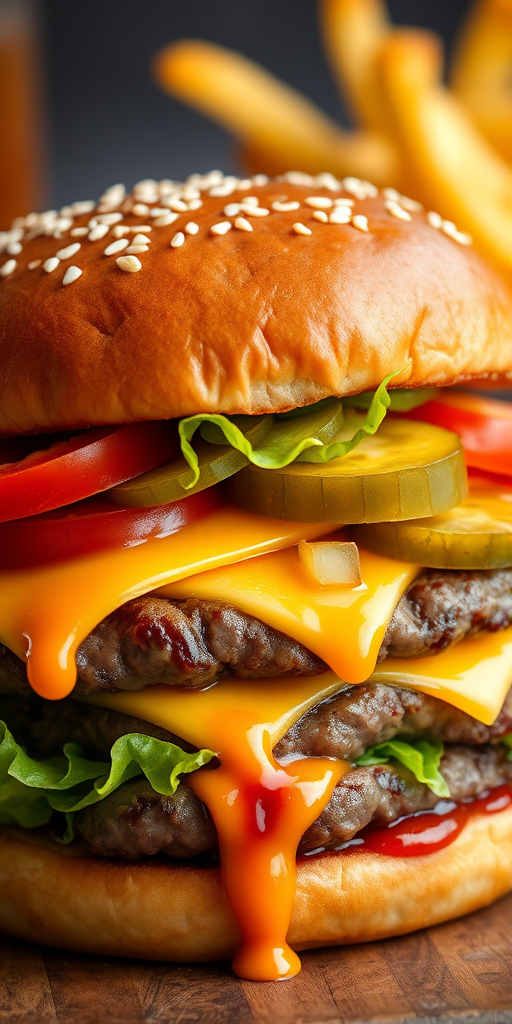 High-resolution, close-up image of a gourmet double cheeseburger. The burger features a glossy, sesame-seed-topped brioche bun. Inside, there are two thick, juicy beef patties, each topped with melted cheddar cheese. The burger is garnished with fresh lettuce, tomato slices, diced onions, and pickles. A generous amount of ketchup and a creamy, orange-colored sauce is dripping down the sides, adding to the mouth-watering appeal. In the background, there are blurred elements including a side of golden French fries and a hint of a beverage, enhancing the overall presentation of a delicious meal.