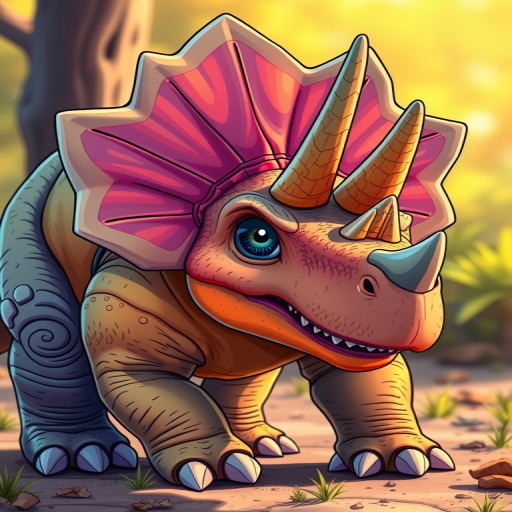 Create a highly detailed cartoon illustration of a triceratops with vibrant colors, using a Canon EOS R5 camera, 50mm lens, f/2.8 aperture, ISO 100, and natural lighting from a dynamic angle to enhance texture and depth.