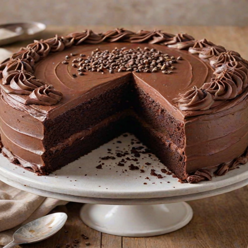 Create an image of a round chocolate cake with smooth dark chocolate frosting. The cake should have a decorative border of chocolate frosting on top and around the base, with chocolate sprinkles scattered on top. The background should be neutral to highlight the cake.