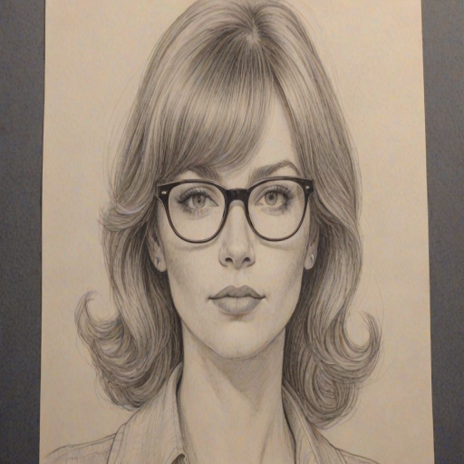 Enchanting Amanda Fuller, pencil sketch, portrait of Fascinating woman 1972s in glasses, hair style beatnik, outline, clear lines, fine lines, 8k