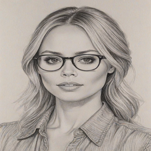Charming Laura Vandervoort, pencil sketch, portrait of Captivating woman 1979s in glasses, hair style beatnik, outline, clear lines, fine lines, 8k