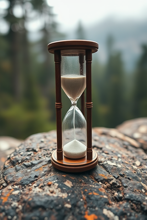 capture a close-up of an hourglass on a textured rock background with a blurred forest in soft focus, aperture f/2.8, shutter speed 1/200s, ISO 100, using a DSLR camera with a 50mm lens