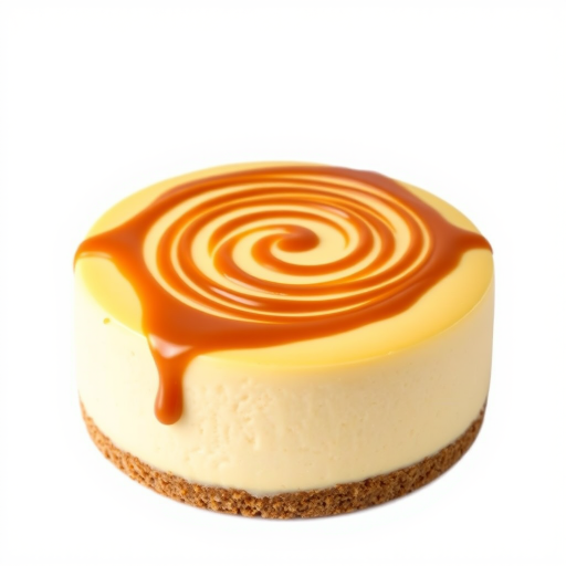 Create an image of a round cheesecake with a smooth creamy texture topped with a caramel swirl design the cake should have a golden caramel color and a crumbly graham cracker crust the background should be simple and unobtrusive to highlight the cheesecake