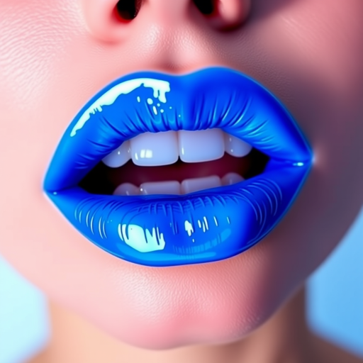 Electric blue lips named "Neon Pulse" boast a vivid, eye-catching hue with a vinyl finish, perfect for futuristic and cyberpunk-inspired fashion statements