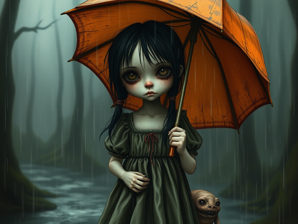An eerie, weird little girl with dark hair in thin pigtails, wearing a smock dress, standing in the rain, holding a dirty orange umbrella, a small, odd creature beside her. In a surreal style inspired by Nicoletta Ceccoli and Brian Froud. Dark fantasy themes