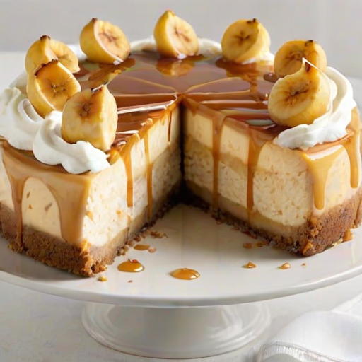 Generate an image of a banana caramel cheesecake. The cheesecake should have a golden-brown crust, topped with sliced bananas, caramel drizzle, and dollops of whipped cream. The cake should be partially sliced to show its creamy interior, and place some fresh bananas in the background for decoration.