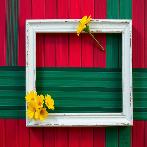 Create an image of a rectangular picture frame with a textured white border, featuring vibrant yellow flowers in one corner, set against a rich, striped background of red and green, shot with a DSLR camera at f/2.8 aperture, 50mm focal length, ISO 100, using natural lighting and a shallow depth of field for enhanced detail and color vibrancy.