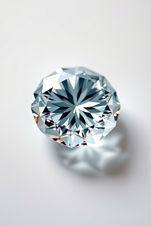 Generate a high-resolution image of a sparkling diamond with intricate facets, using a macro lens at f/2.8 aperture, ISO 100, 1/200 sec shutter speed, overhead lighting with a softbox, and a clean white background for maximum contrast.