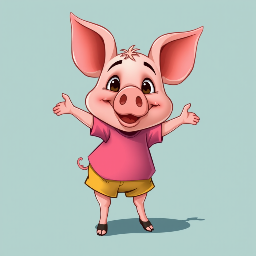 Create a vibrant cartoon illustration of a playful pig character wearing a pink shirt and yellow shorts, with exaggerated facial features and a whimsical pose, using a digital drawing style, set against a solid color background, with a resolution of 300 dpi, using a wide-angle lens and soft focus effect to enhance details and depth.
