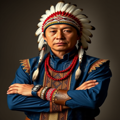 Create a dignified portrait of a Native American man dressed in traditional attire. He wears a beautifully crafted headdress adorned with white feathers and red beads, along with a beaded headband featuring intricate patterns. His clothing includes a deep blue, patterned shirt and a traditional chest piece with detailed beadwork. His arms are crossed, displaying leather armbands decorated with feathers. The background is simple and neutral, emphasizing his proud and stoic expression. The overall image captures the rich cultural heritage and strength of his persona.