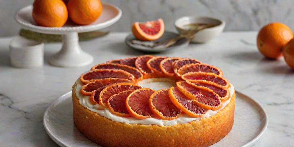 Create an image of a beautifully baked cake topped with thinly sliced blood oranges arranged in a decorative pattern. The cake should have a golden-brown crust and a light, fluffy interior with a slice cut out to reveal its texture. Include a fork next to the cake on a clean, white marble surface. The overall presentation should be inviting and appetizing.