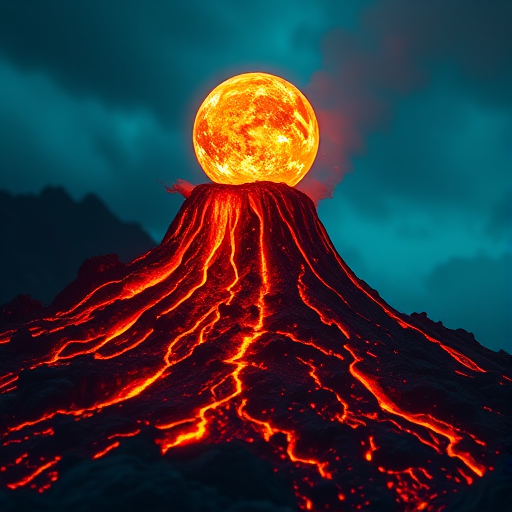 Create a vibrant scene of a volcanic eruption with a glowing crystal sphere above the lava flow, using a DSLR camera with a 50mm lens, f/1.8 aperture, ISO 200, 1/125 sec shutter speed, shot from a low angle to emphasize the height of the volcano and capture the intricate details of the lava and sphere in sharp focus.