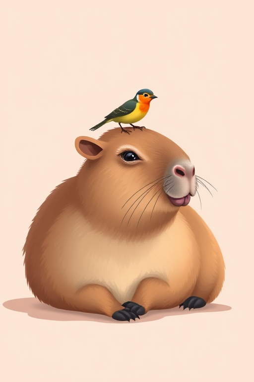 Generate a digital illustration of a capybara resting with a small bird on its head, using a soft pastel background, captured with a DSLR camera at f/4, ISO 100, 50mm lens, natural soft lighting for enhanced color and detail.