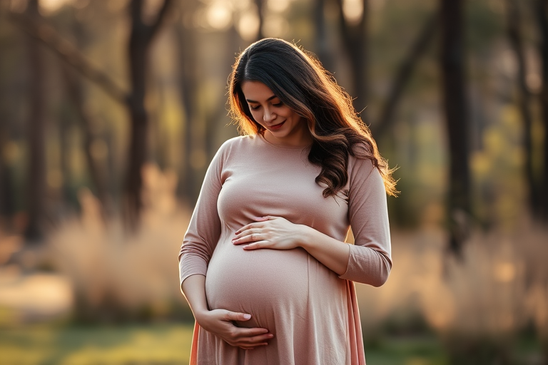 Create a serene outdoor portrait of a couple, with the woman cradling her pregnant belly, set against a softly focused background of trees, using a Canon EOS R5, aperture f/2.8, ISO 100, 50mm lens, natural light, and a warm color palette to enhance the emotional connection.
