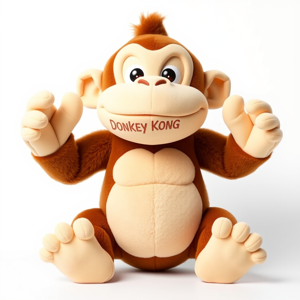 Donkey Kong children's version of an adorable and cute cotton plush with a full body on a white background. A good front pose is visible with extreme quality and every detail. The image features good lighting, a well-chosen color palette, and a 3D appearance.