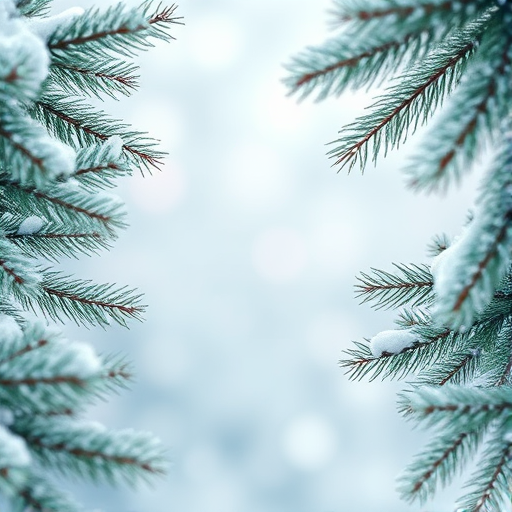 Generate a winter scene with a soft focus background. Include snowy fir tree branches framing the image. Add a gentle snowfall effect and a light blue color palette to create a serene and festive atmosphere. Ensure the center of the image is blurred to emphasize the surrounding branches.