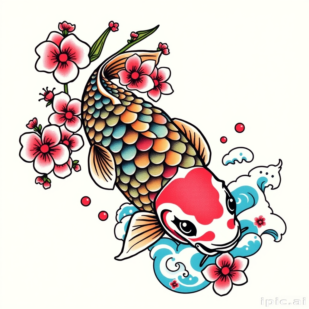 Japanese-inspired koi fish tattoo with dynamic movement and vibrant scales, surrounded by cherry blossoms and traditional wave patterns, symbolizing perseverance and strength in a bold, colorful style