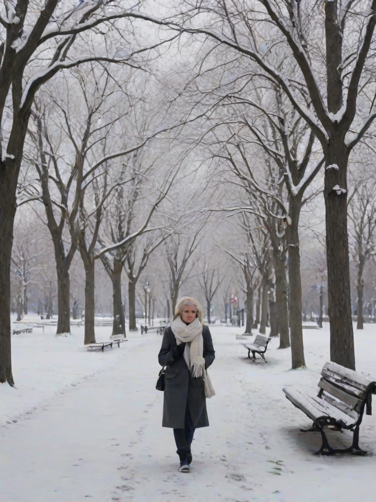 Snow-covered city park, with bare trees and frosty benches, a woman in a woolen scarf and mittens walks slowly down the path, her breath visible in the cold air as she enjoys the peaceful winter scene.