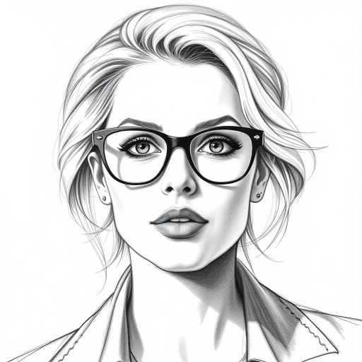 Beautiful Charlize Theron, pencil sketch, portrait of beautiful woman 60s in glasses, hair style beatnik, outline, clear lines, fine lines, 8k