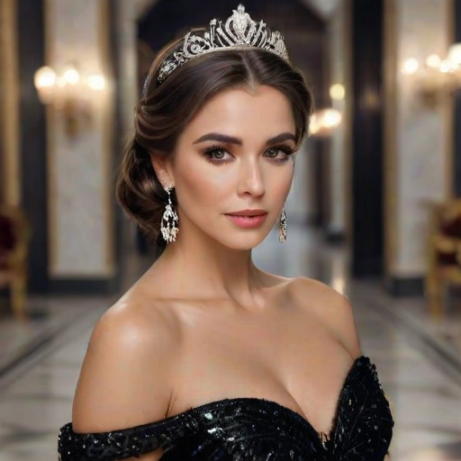 A gorgeous Caucasian woman in a luxurious black gown, accessorized with a dazzling tiara and statement earrings, her deep brown eyes highlighted by impeccable makeup, poised in a royal setting, photorealistic, 8K quality